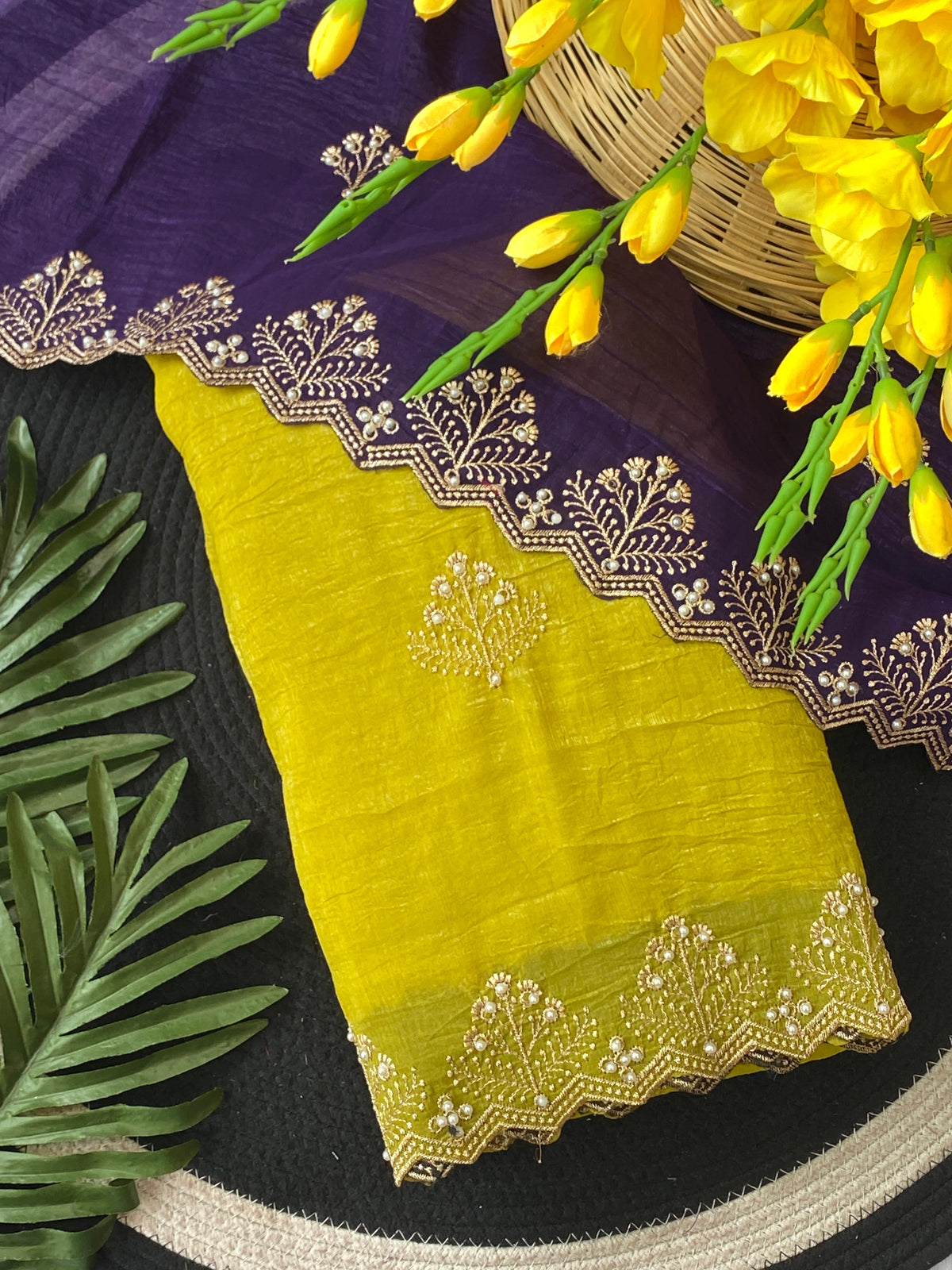 New Arrival Crunchi Soft Silk Saree with Embroidery, Moti Work & Scalloped Cutwork Border | Contrast Work Blouse | Festive & Wedding Wear