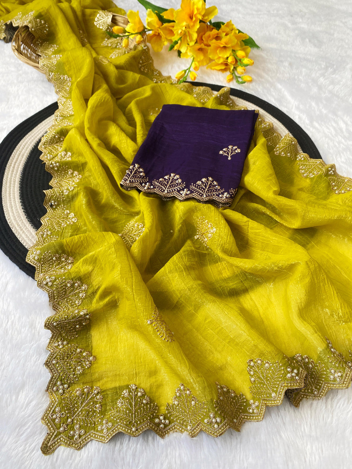 New Arrival Crunchi Soft Silk Saree with Embroidery, Moti Work & Scalloped Cutwork Border | Contrast Work Blouse | Festive & Wedding Wear