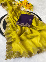 New Arrival Crunchi Soft Silk Saree with Embroidery, Moti Work & Scalloped Cutwork Border | Contrast Work Blouse | Festive & Wedding Wear