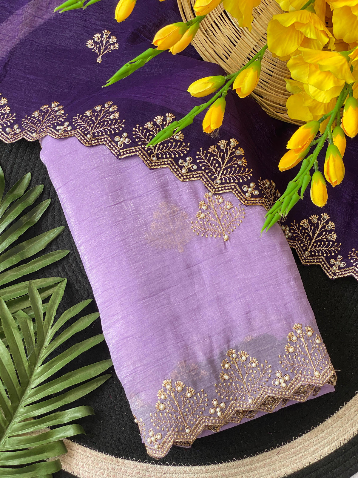 New Arrival Crunchi Soft Silk Saree with Embroidery, Moti Work & Scalloped Cutwork Border | Contrast Work Blouse | Festive & Wedding Wear