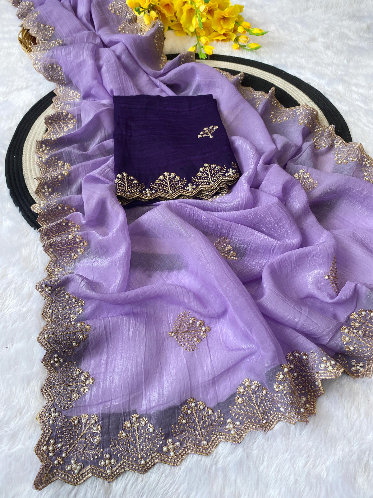 New Arrival Crunchi Soft Silk Saree with Embroidery, Moti Work & Scalloped Cutwork Border | Contrast Work Blouse | Festive & Wedding Wear