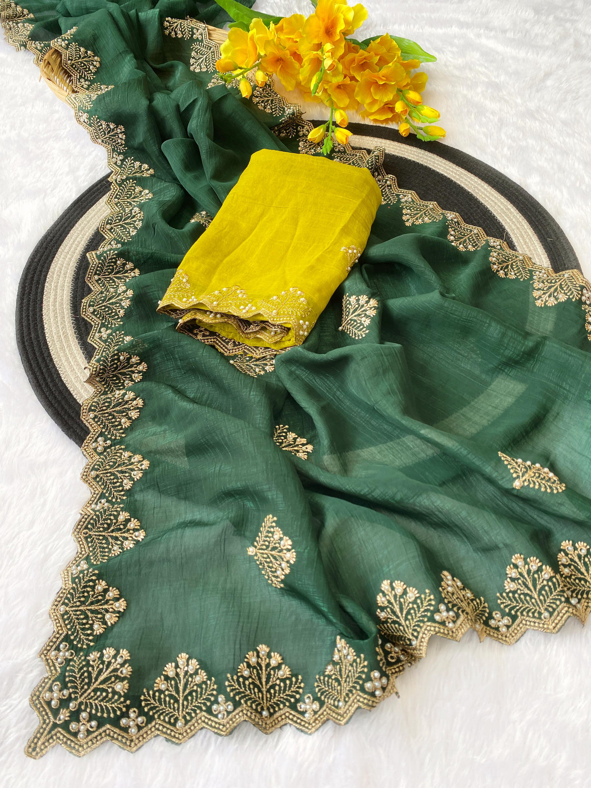 New Arrival Crunchi Soft Silk Saree with Embroidery, Moti Work & Scalloped Cutwork Border | Contrast Work Blouse | Festive & Wedding Wear