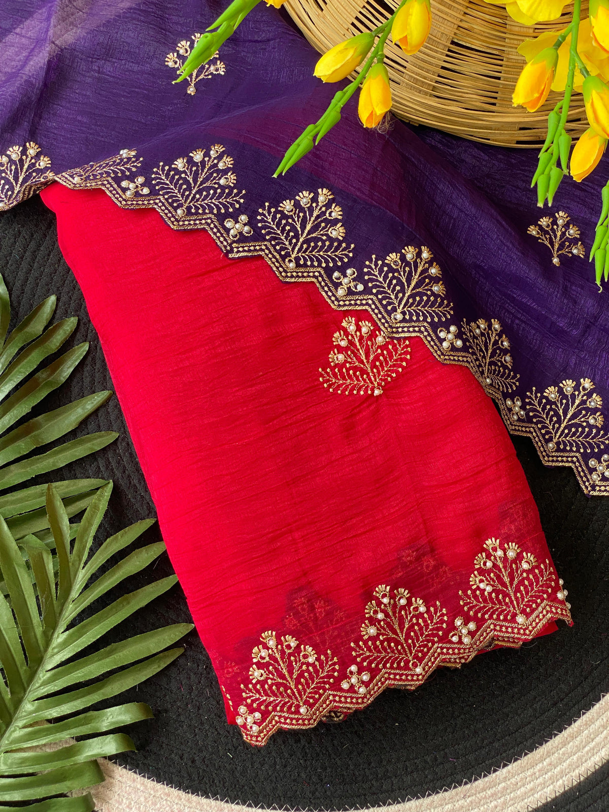 New Arrival Crunchi Soft Silk Saree with Embroidery, Moti Work & Scalloped Cutwork Border | Contrast Work Blouse | Festive & Wedding Wear
