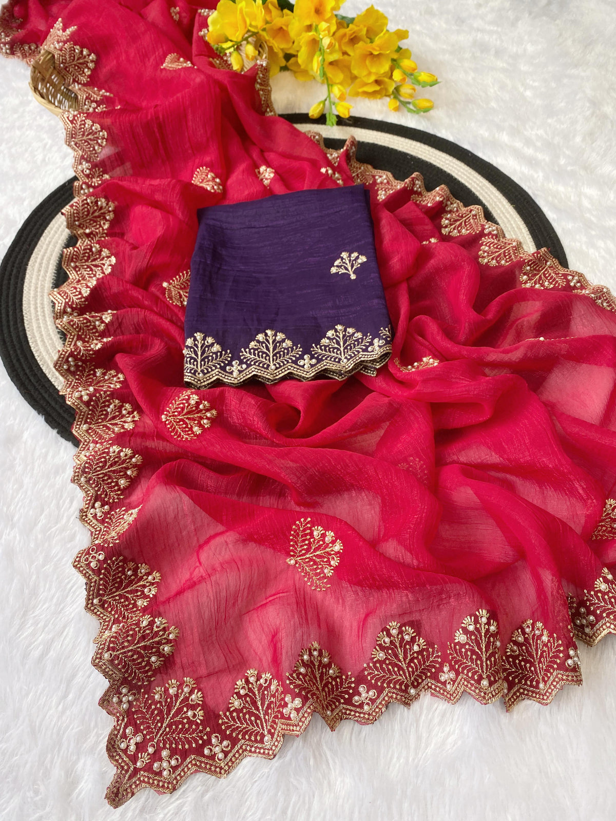 New Arrival Crunchi Soft Silk Saree with Embroidery, Moti Work & Scalloped Cutwork Border | Contrast Work Blouse | Festive & Wedding Wear