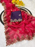 New Arrival Crunchi Soft Silk Saree with Embroidery, Moti Work & Scalloped Cutwork Border | Contrast Work Blouse | Festive & Wedding Wear