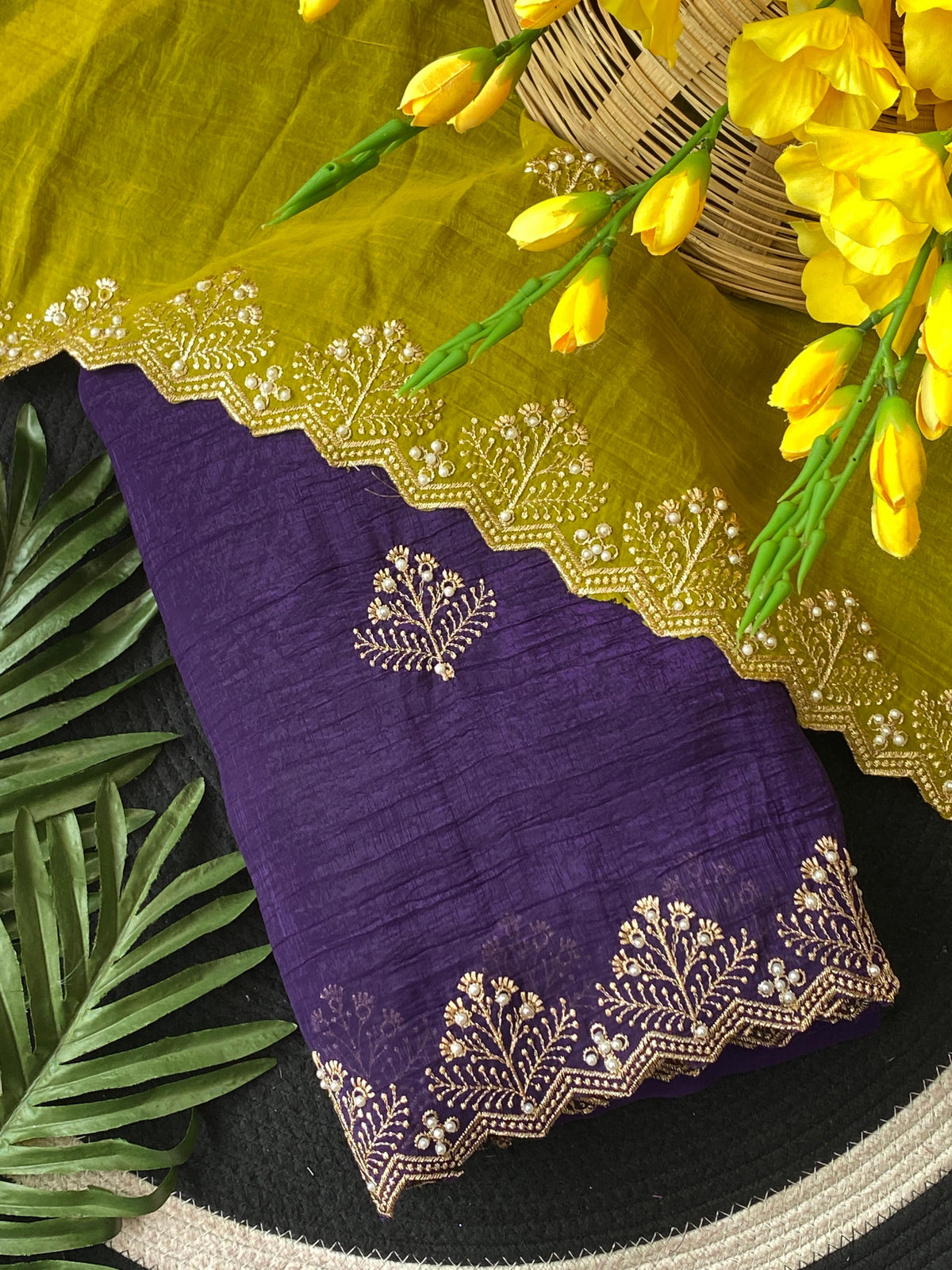 New Arrival Crunchi Soft Silk Saree with Embroidery, Moti Work & Scalloped Cutwork Border | Contrast Work Blouse | Festive & Wedding Wear