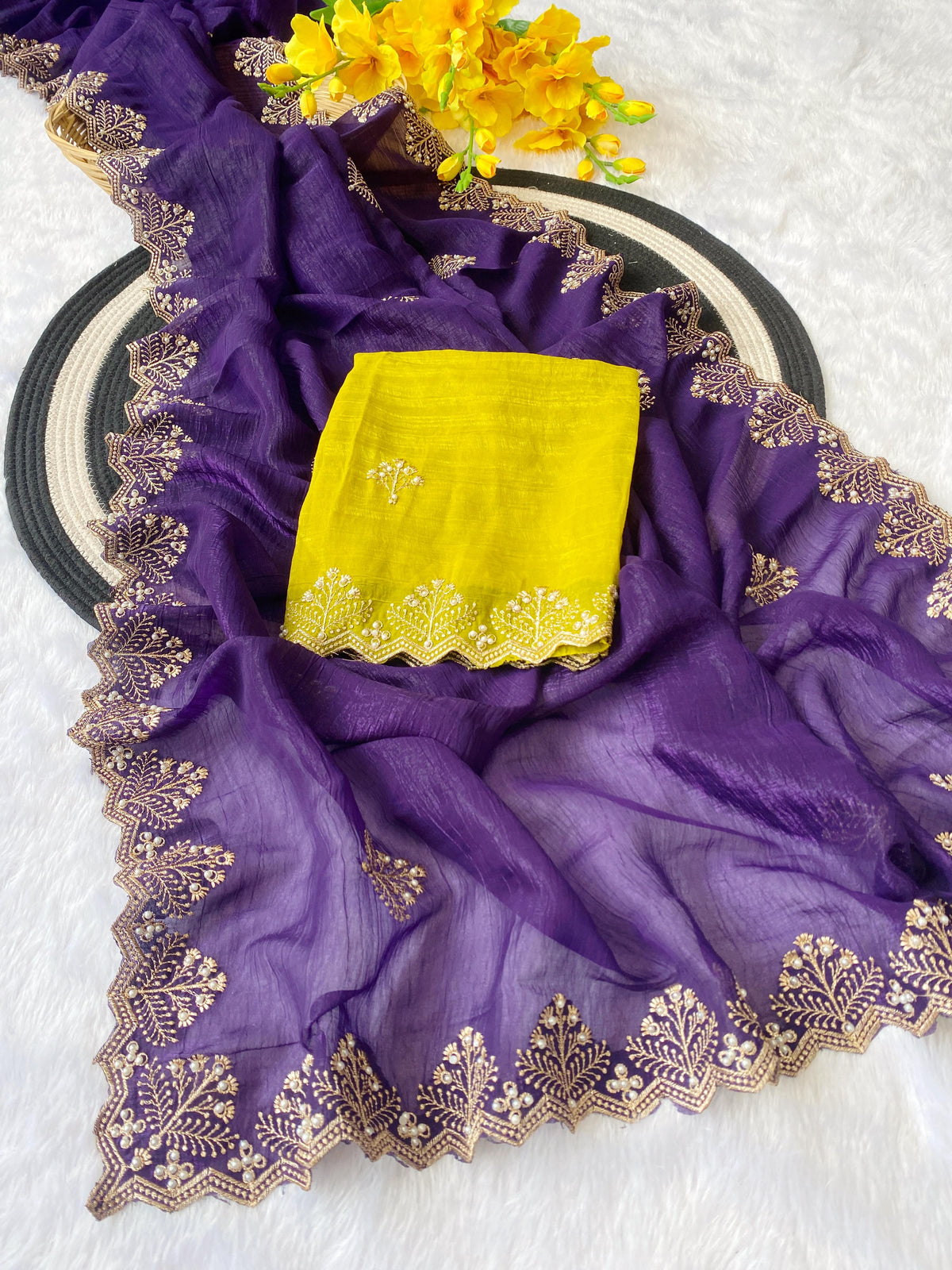 New Arrival Crunchi Soft Silk Saree with Embroidery, Moti Work & Scalloped Cutwork Border | Contrast Work Blouse | Festive & Wedding Wear