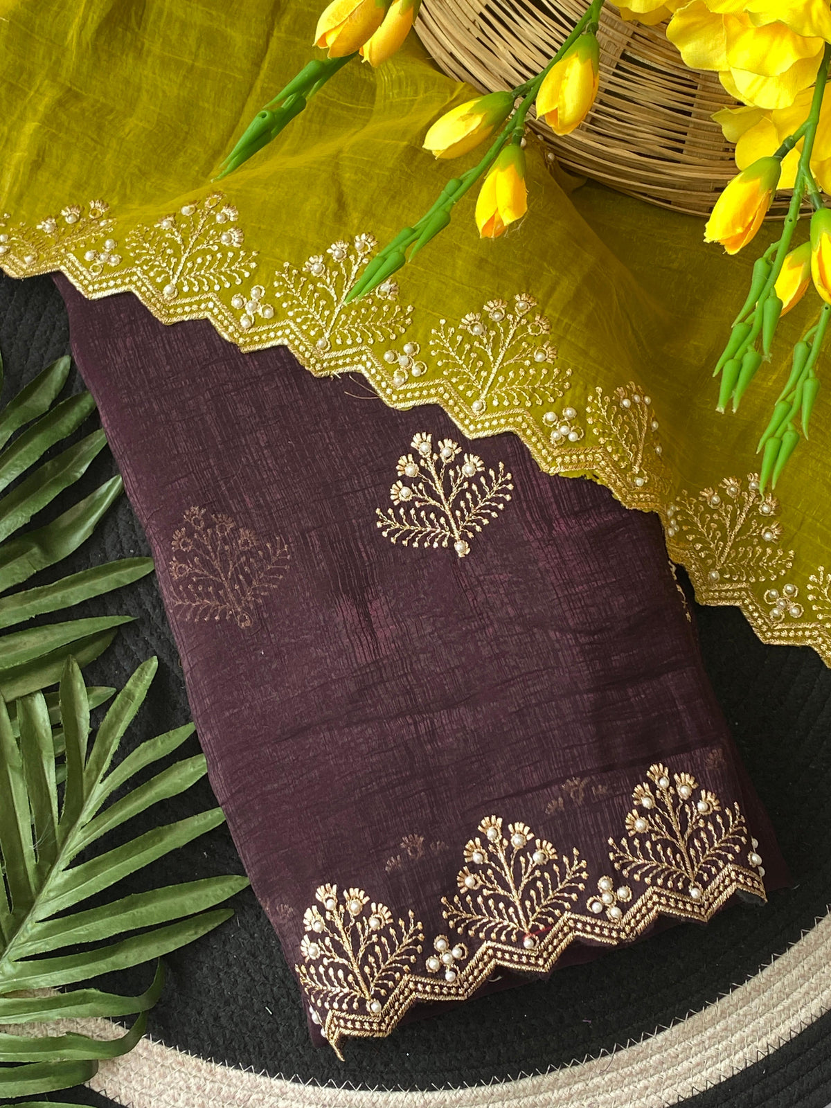 New Arrival Crunchi Soft Silk Saree with Embroidery, Moti Work & Scalloped Cutwork Border | Contrast Work Blouse | Festive & Wedding Wear