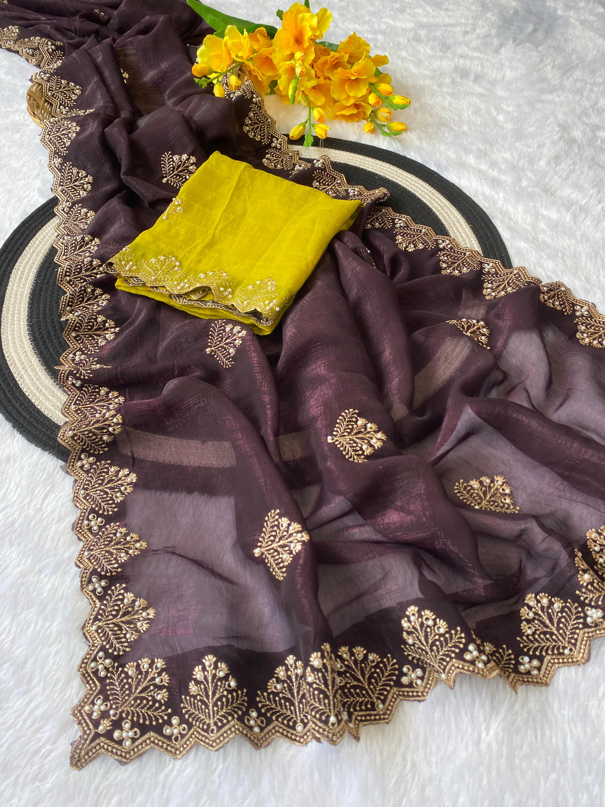 New Arrival Crunchi Soft Silk Saree with Embroidery, Moti Work & Scalloped Cutwork Border | Contrast Work Blouse | Festive & Wedding Wear