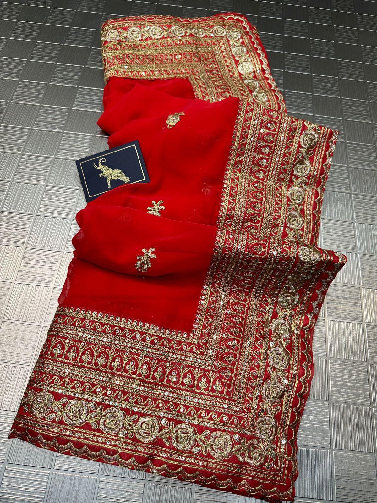 SONALI Georgette Saree with Butta Embroidery & Lace Border | Raw Silk Blouse | Elegant Festive & Party Wear