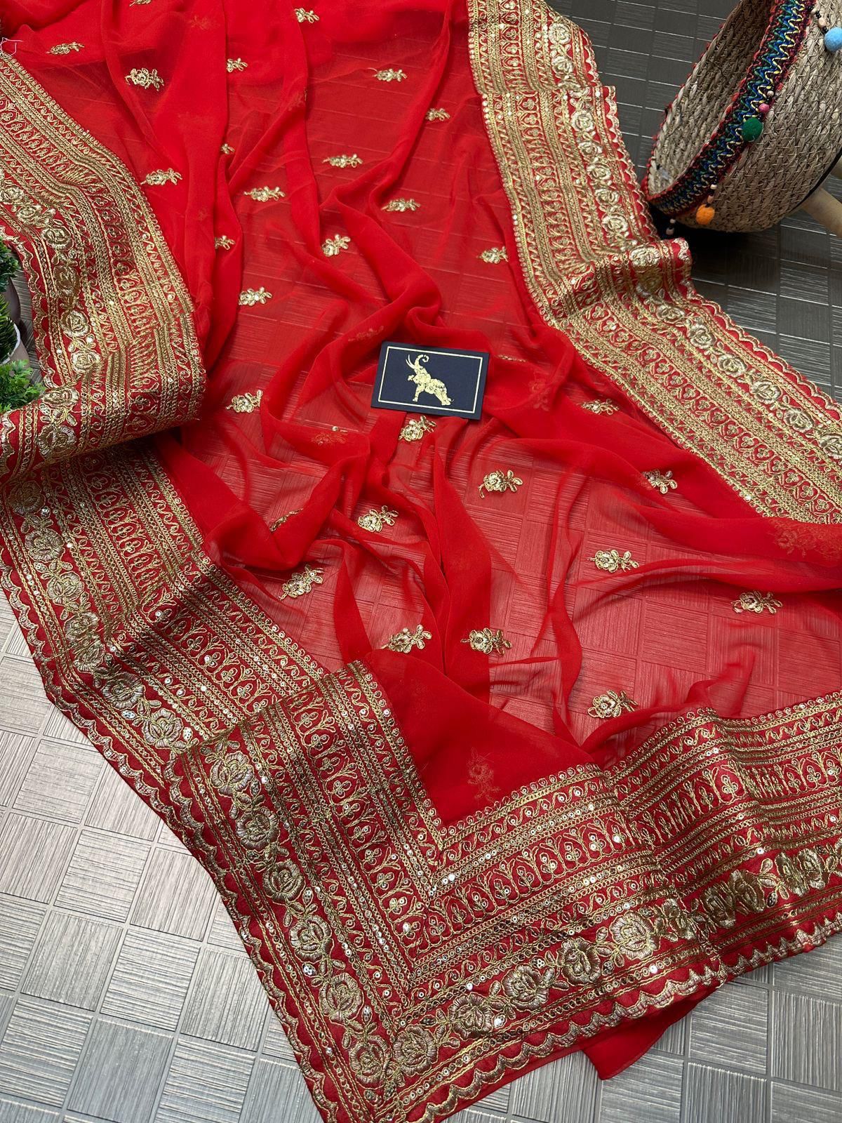 SONALI Georgette Saree with Butta Embroidery & Lace Border | Raw Silk Blouse | Elegant Festive & Party Wear