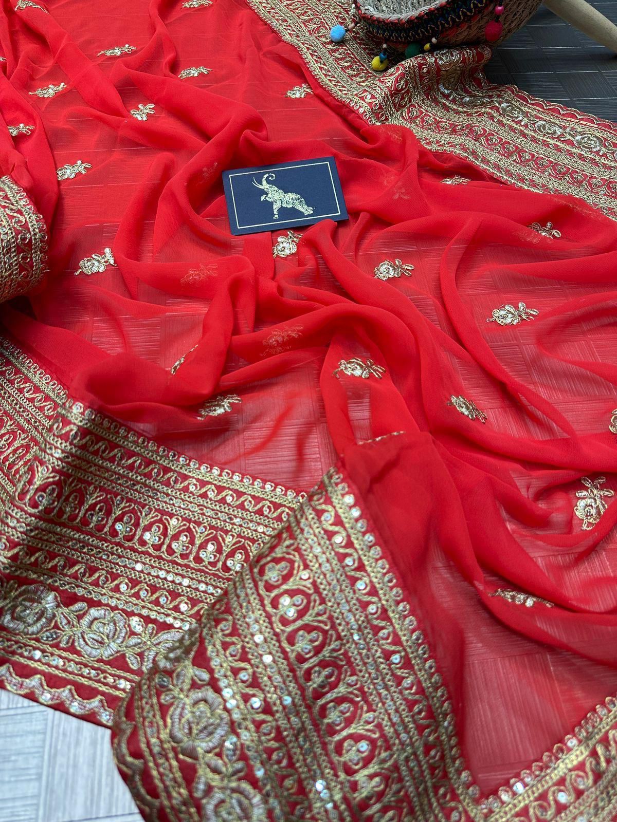 SONALI Georgette Saree with Butta Embroidery & Lace Border | Raw Silk Blouse | Elegant Festive & Party Wear