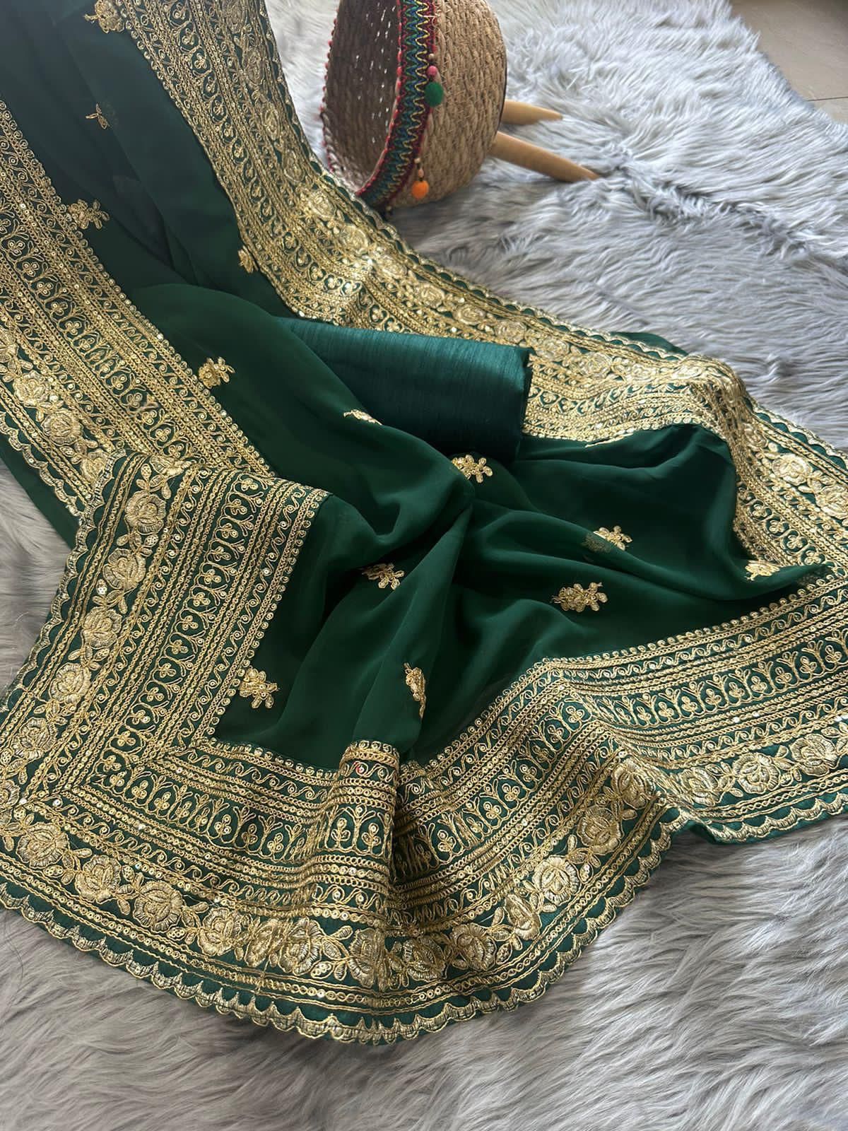 SONALI Georgette Saree with Butta Embroidery & Lace Border | Raw Silk Blouse | Elegant Festive & Party Wear