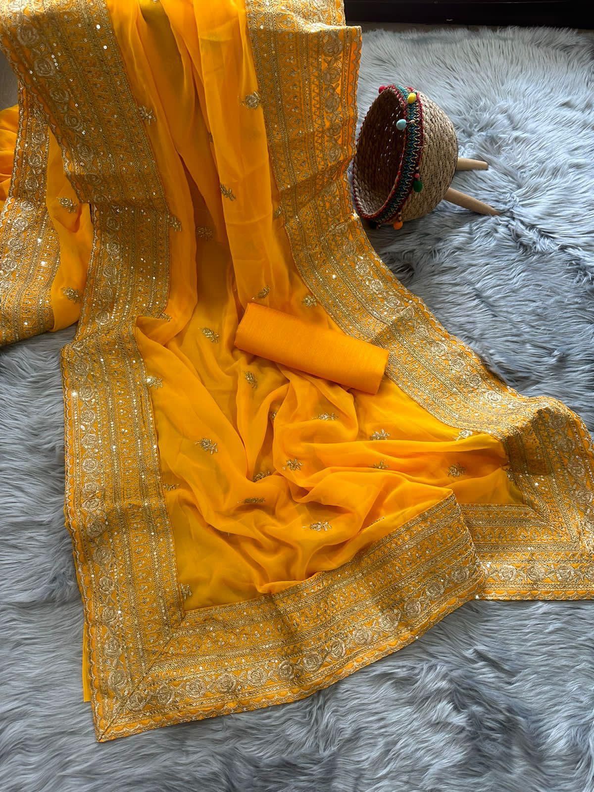 SONALI Georgette Saree with Butta Embroidery & Lace Border | Raw Silk Blouse | Elegant Festive & Party Wear