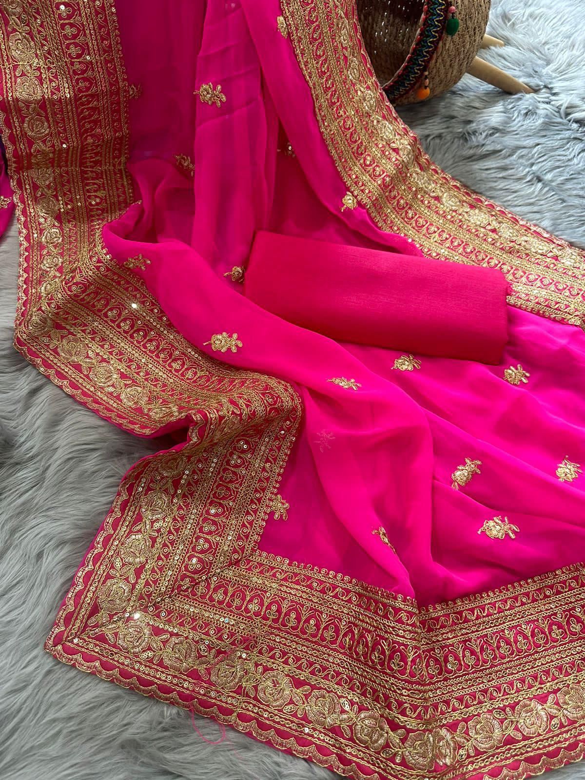 SONALI Georgette Saree with Butta Embroidery & Lace Border | Raw Silk Blouse | Elegant Festive & Party Wear