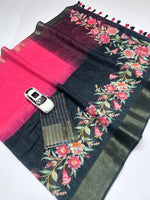 Linen Saree with Gold Jari Border & Digital Print| Elegant Festive Wear
