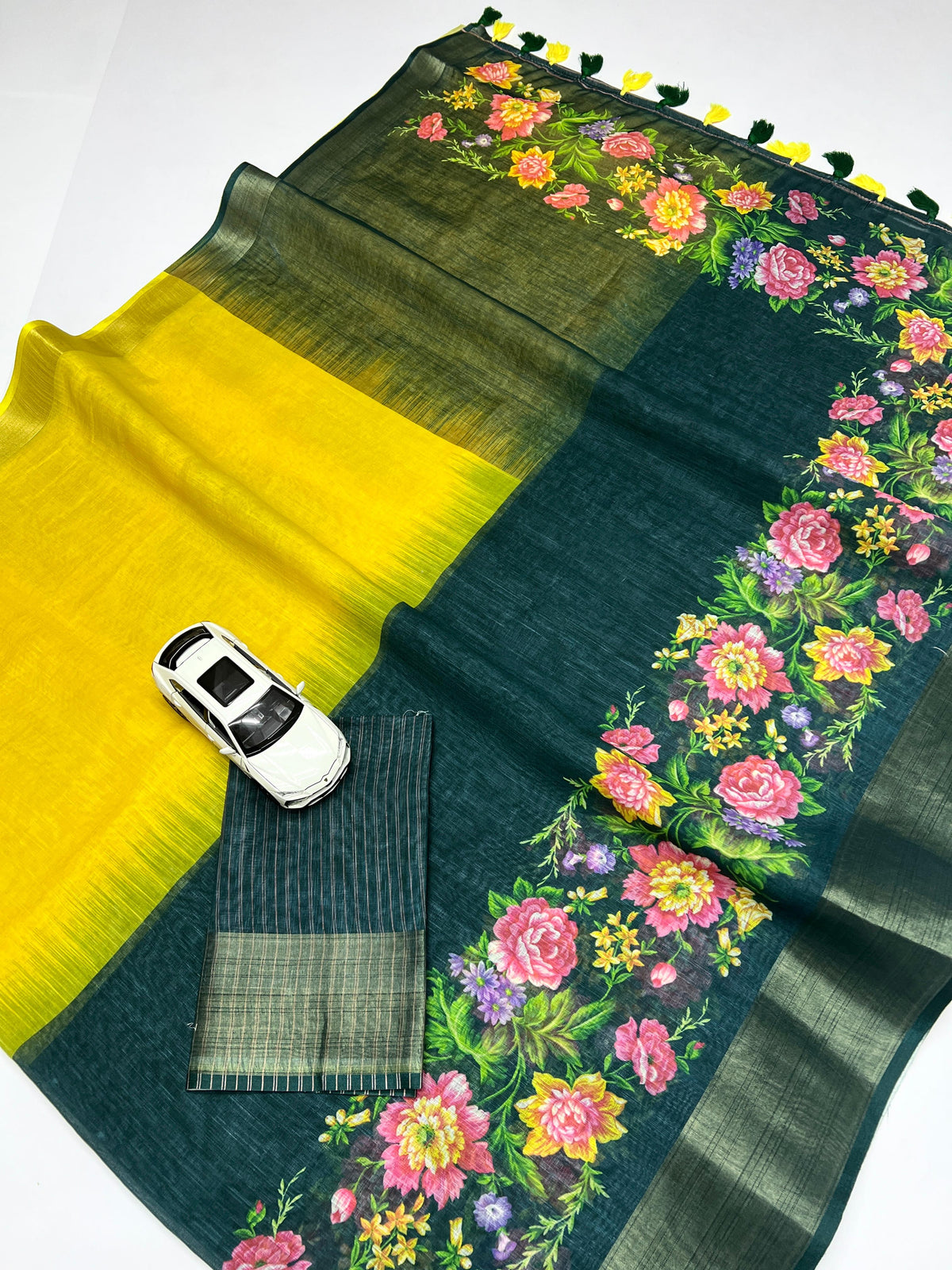 Linen Saree with Gold Jari Border & Digital Print| Elegant Festive Wear