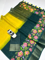 Linen Saree with Gold Jari Border & Digital Print| Elegant Festive Wear