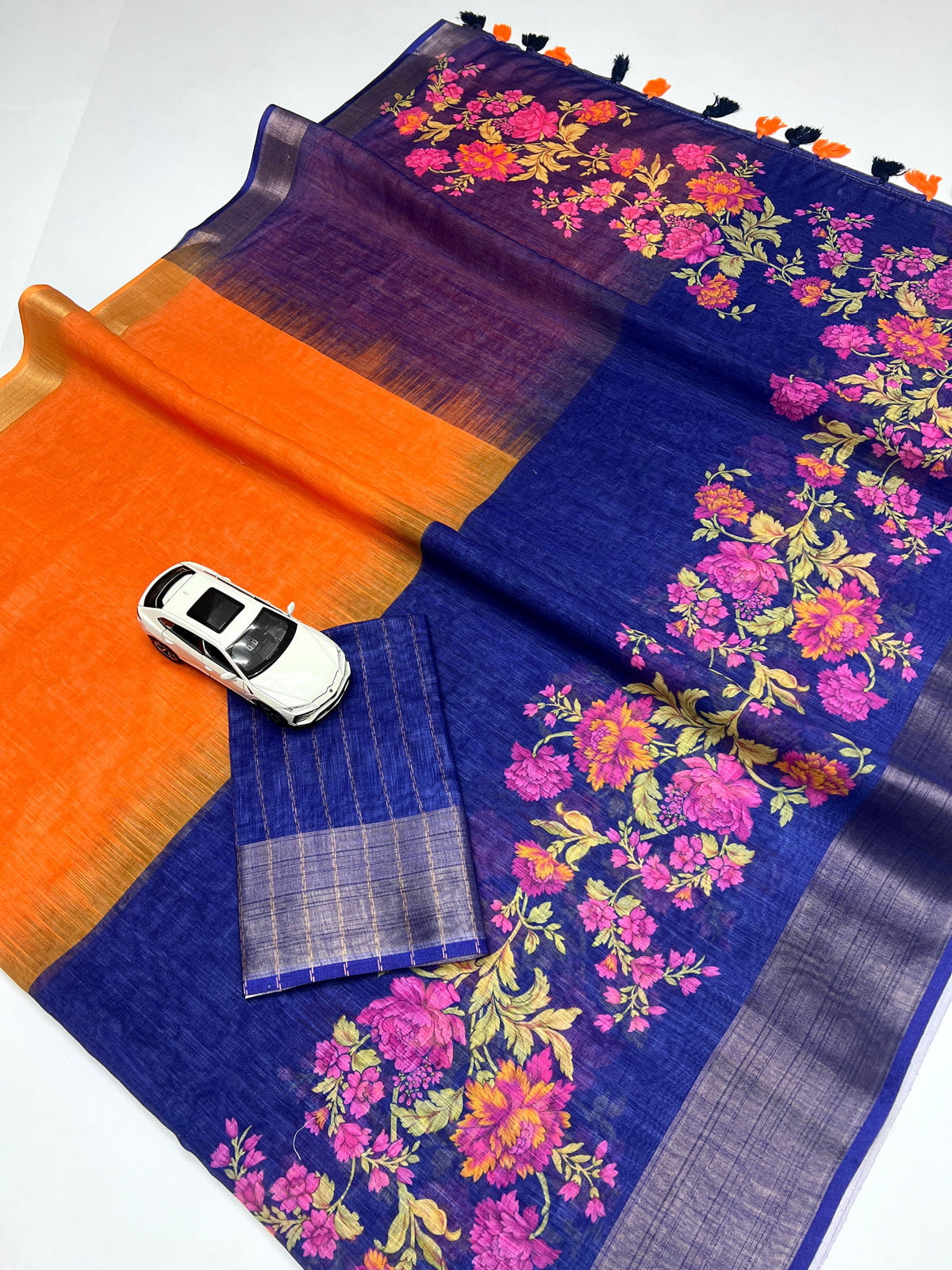 Linen Saree with Gold Jari Border & Digital Print| Elegant Festive Wear