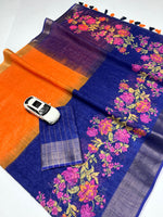 Linen Saree with Gold Jari Border & Digital Print| Elegant Festive Wear