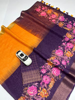 Linen Saree with Gold Jari Border & Digital Print| Elegant Festive Wear
