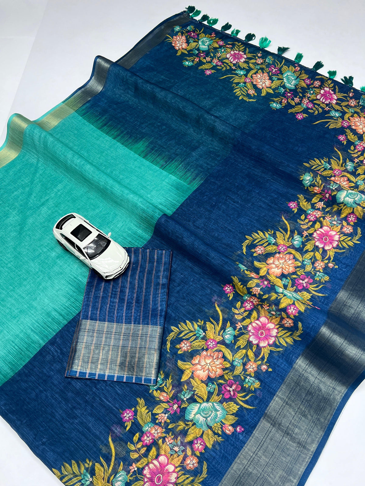 Linen Saree with Gold Jari Border & Digital Print| Elegant Festive Wear