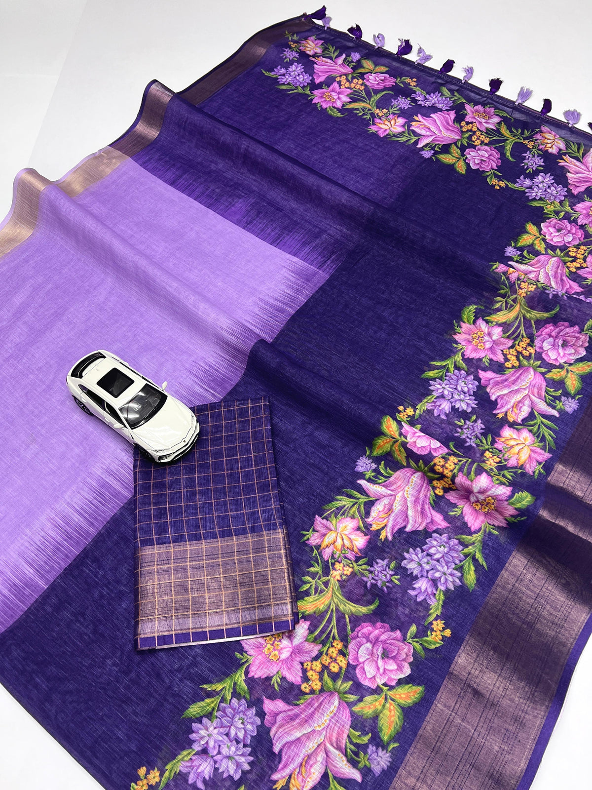 Linen Saree with Gold Jari Border & Digital Print| Elegant Festive Wear