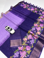 Linen Saree with Gold Jari Border & Digital Print| Elegant Festive Wear