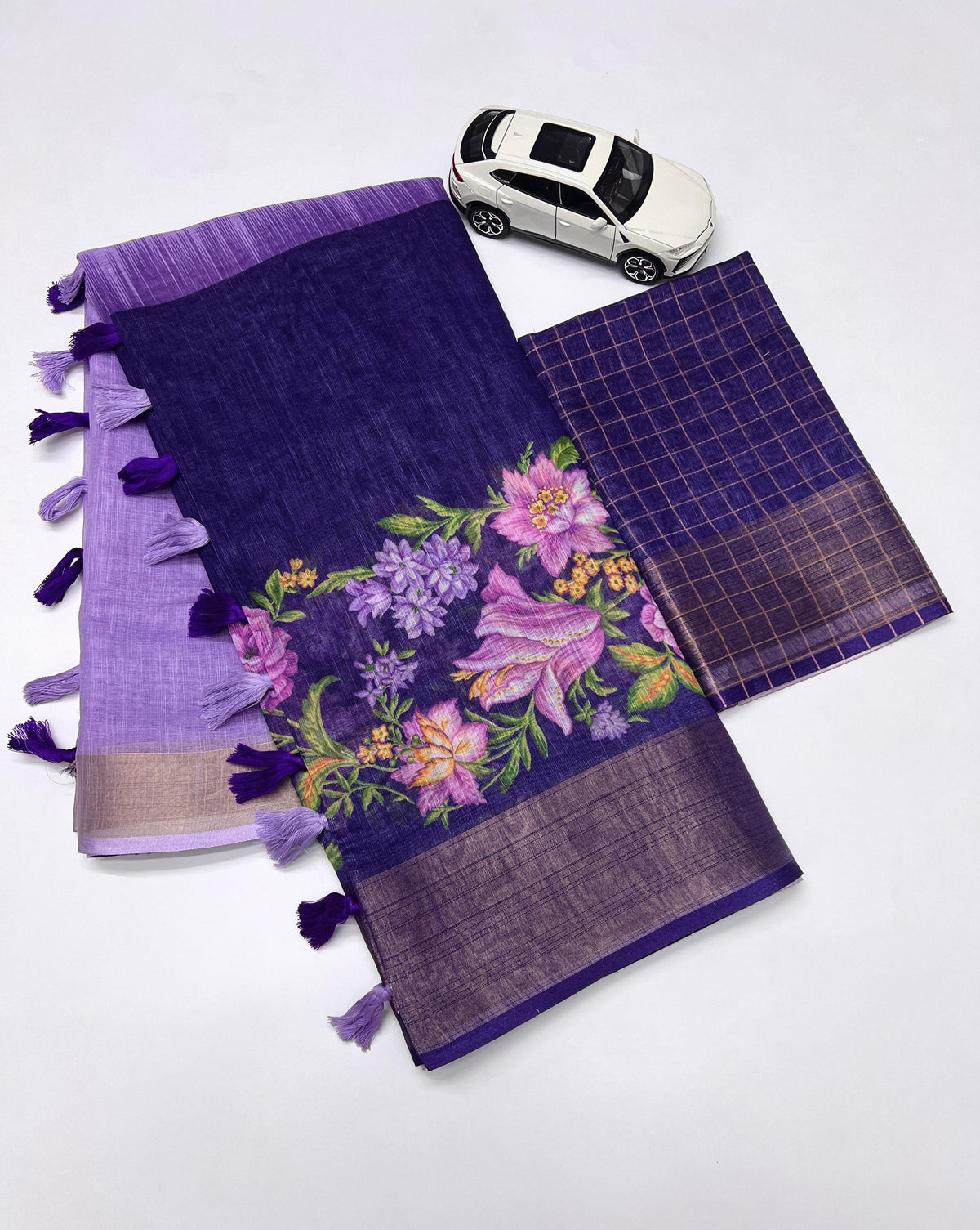 Linen Saree with Gold Jari Border & Digital Print| Elegant Festive Wear