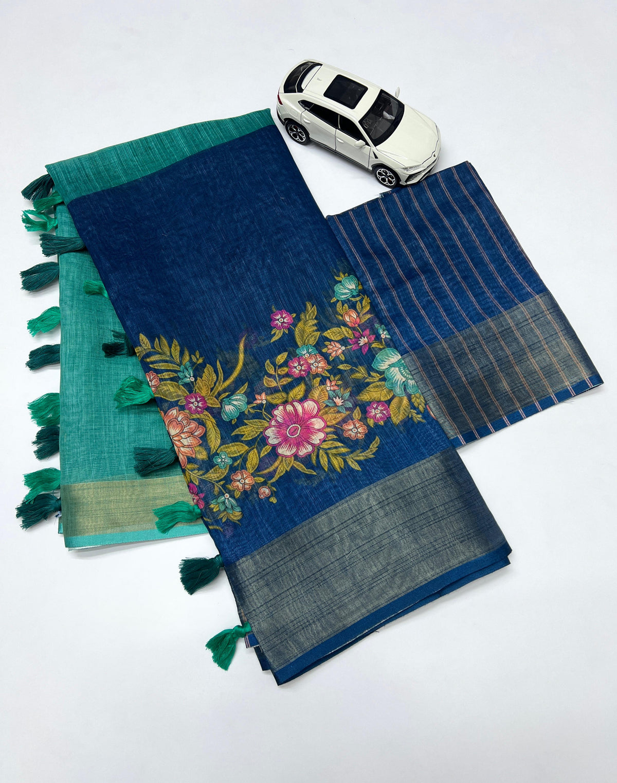 Linen Saree with Gold Jari Border & Digital Print| Elegant Festive Wear