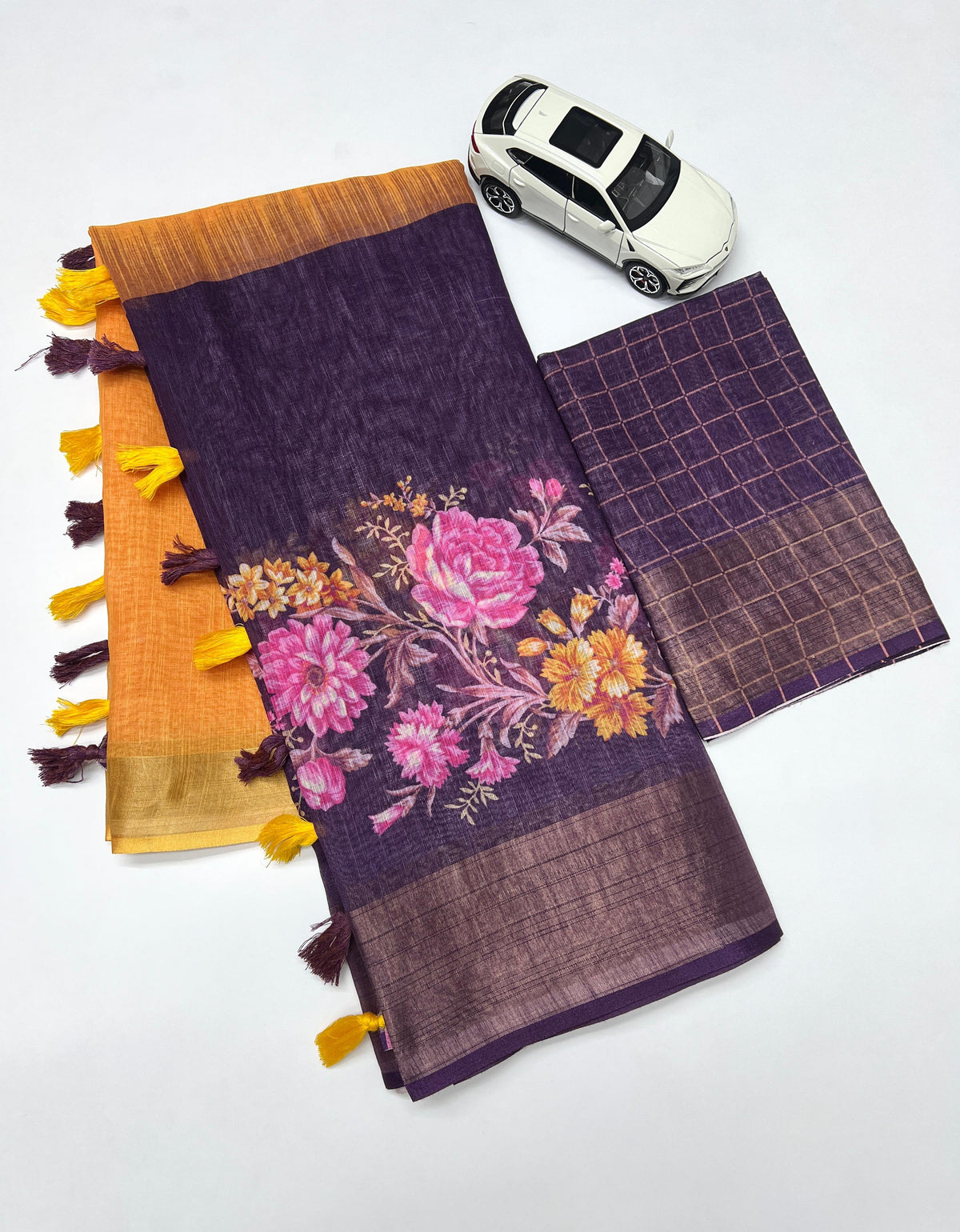Linen Saree with Gold Jari Border & Digital Print| Elegant Festive Wear