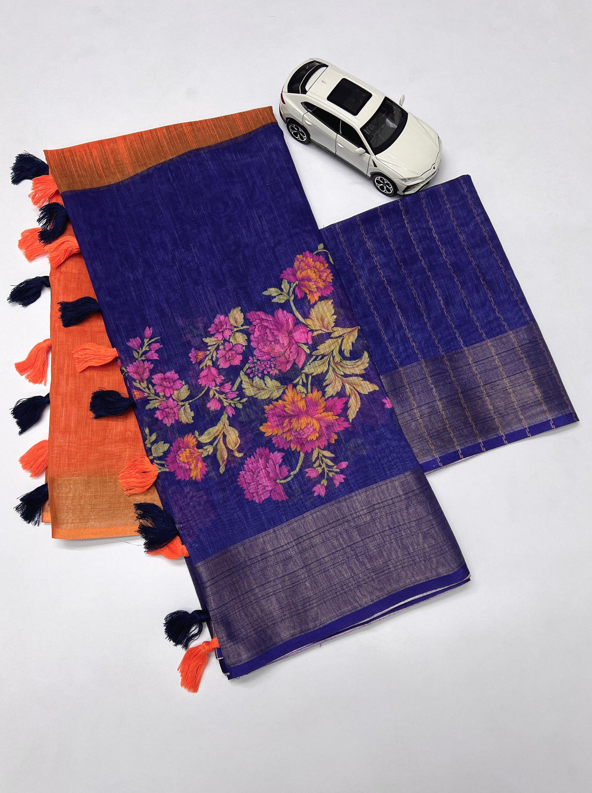 Linen Saree with Gold Jari Border & Digital Print| Elegant Festive Wear