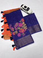 Linen Saree with Gold Jari Border & Digital Print| Elegant Festive Wear