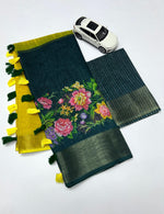 Linen Saree with Gold Jari Border & Digital Print| Elegant Festive Wear