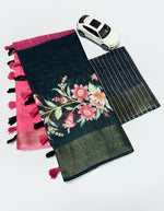 Linen Saree with Gold Jari Border & Digital Print| Elegant Festive Wear