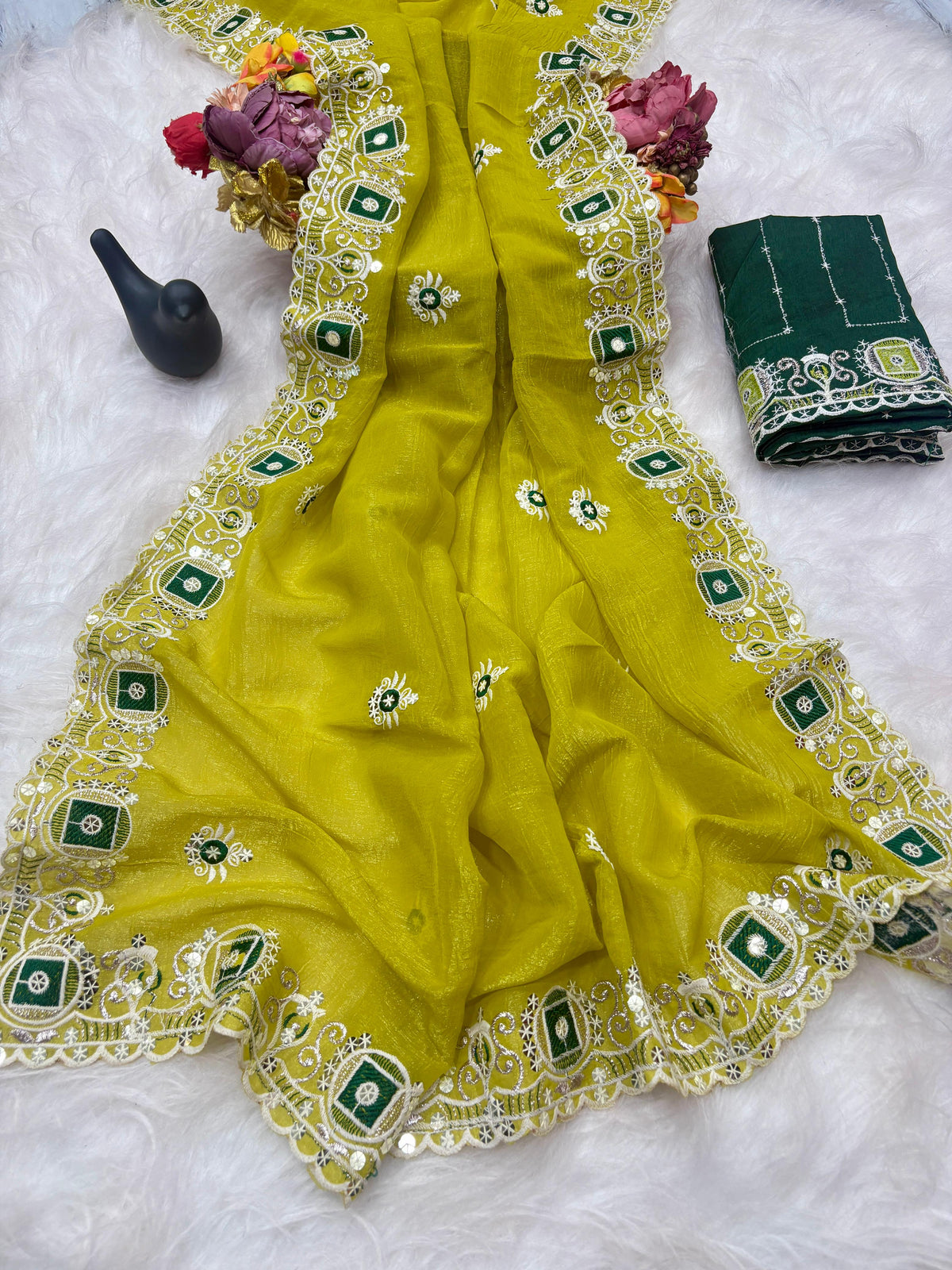 New Arrival Gold Crunchy Saree with All-Over Multi-Sequence Work | C Pallu Concept | Banglori Silk Blouse with Coding Sequence Embroidery