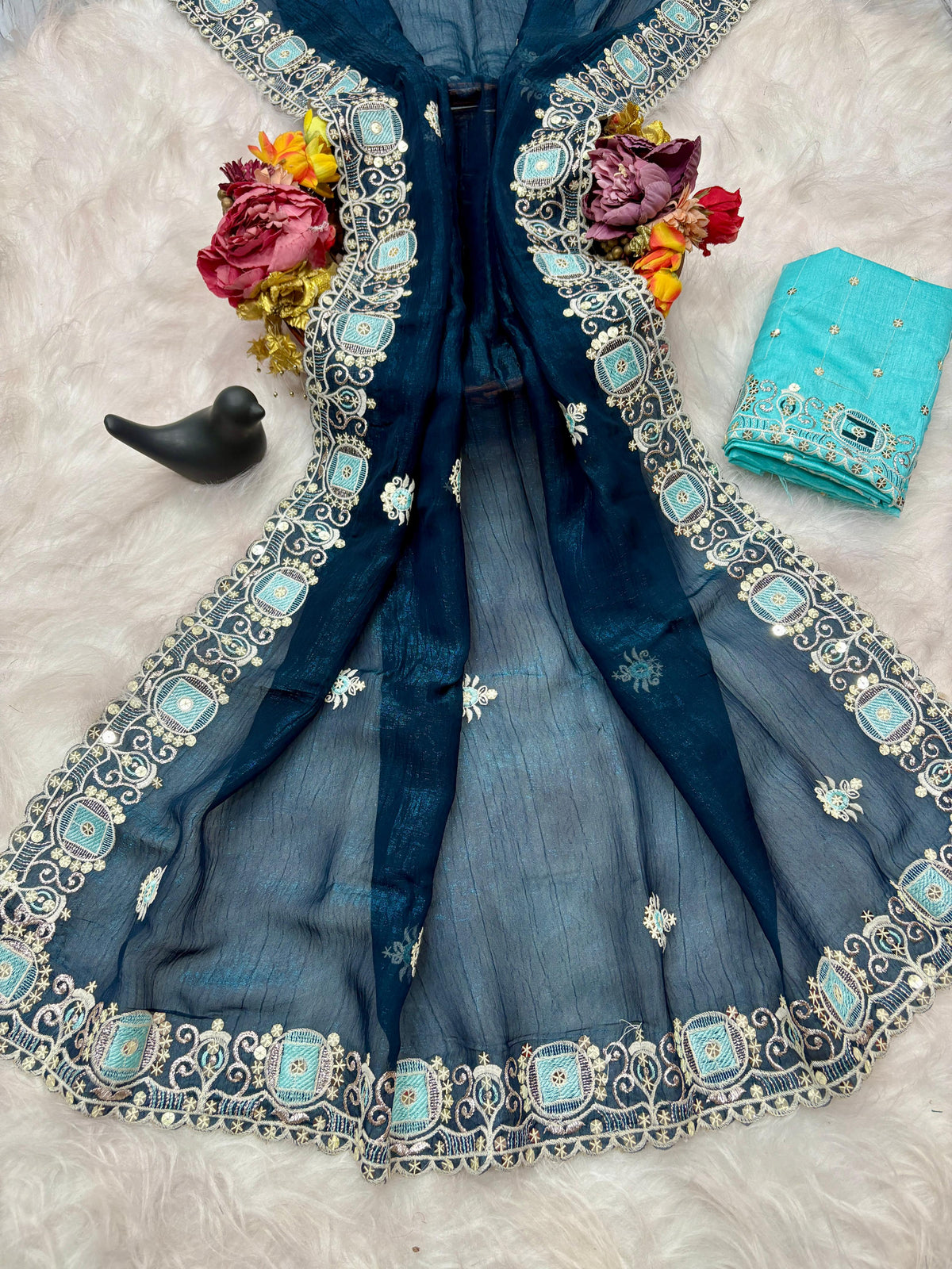 New Arrival Gold Crunchy Saree with All-Over Multi-Sequence Work | C Pallu Concept | Banglori Silk Blouse with Coding Sequence Embroidery