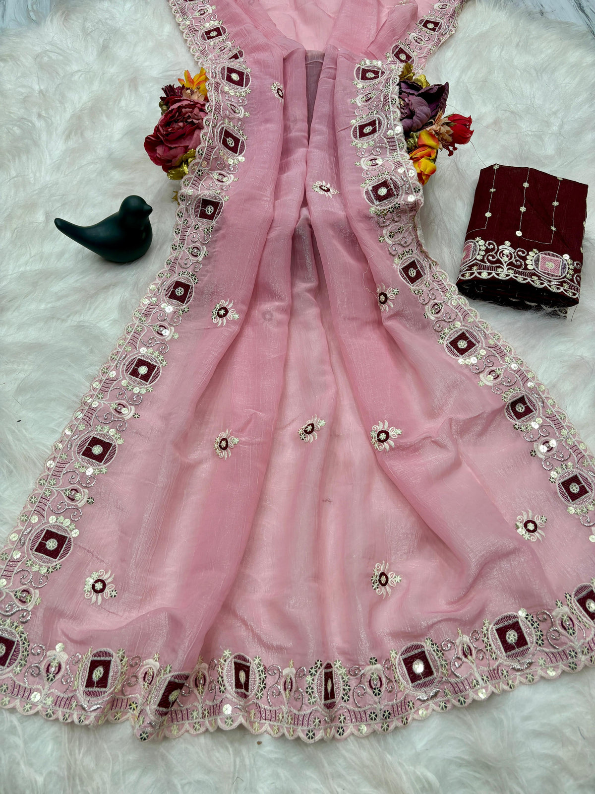 New Arrival Gold Crunchy Saree with All-Over Multi-Sequence Work | C Pallu Concept | Banglori Silk Blouse with Coding Sequence Embroidery