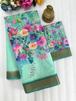Linen Saree with Gold Jari Border & Digital Print | Elegant Daily & Festive Wear