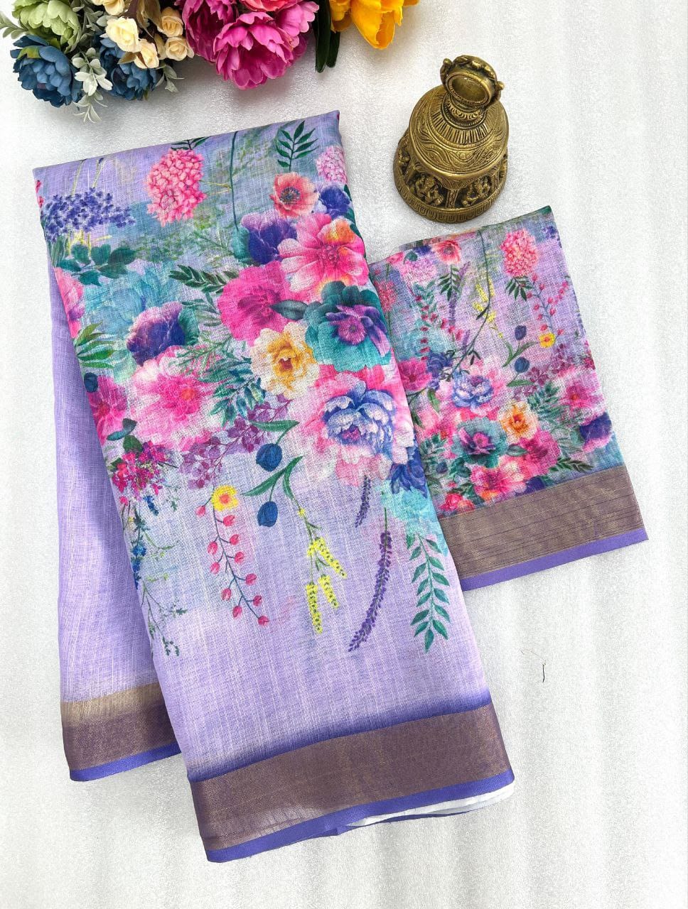 Linen Saree with Gold Jari Border & Digital Print | Elegant Daily & Festive Wear