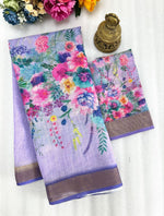Linen Saree with Gold Jari Border & Digital Print | Elegant Daily & Festive Wear