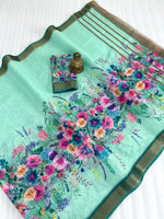 Linen Saree with Gold Jari Border & Digital Print | Elegant Daily & Festive Wear