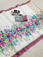 Linen Saree with Gold Jari Border & Digital Print | Elegant Daily & Festive Wear