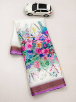 Linen Saree with Gold Jari Border & Digital Print | Elegant Daily & Festive Wear