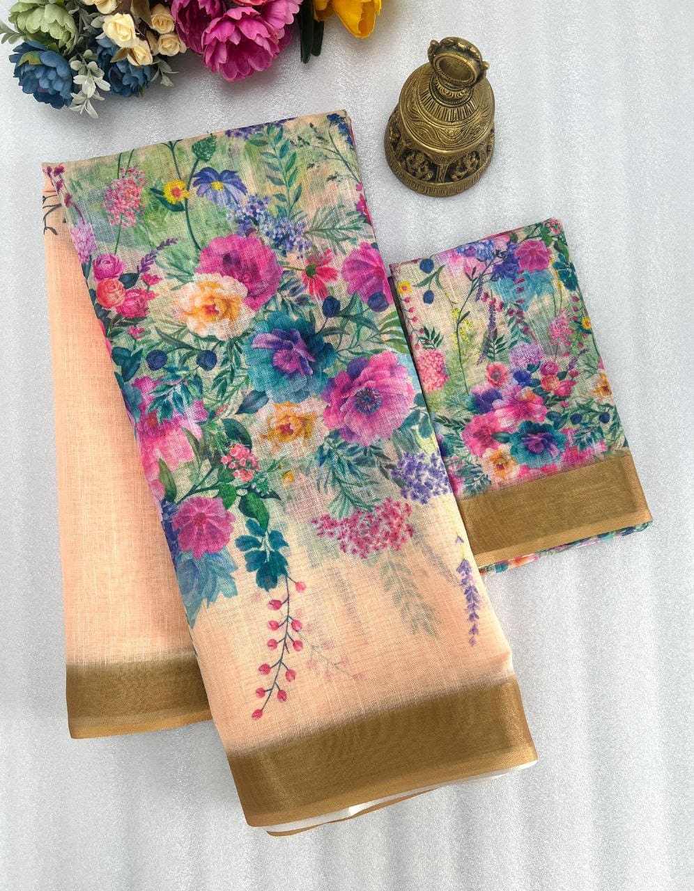 Linen Saree with Gold Jari Border & Digital Print | Elegant Daily & Festive Wear