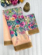 Linen Saree with Gold Jari Border & Digital Print | Elegant Daily & Festive Wear