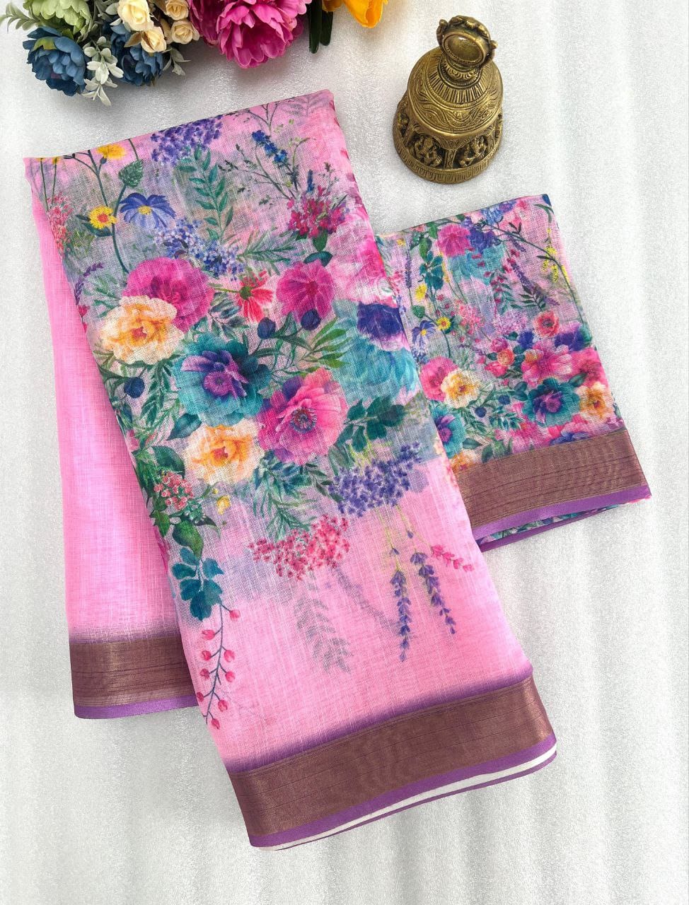 Linen Saree with Gold Jari Border & Digital Print | Elegant Daily & Festive Wear