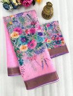 Linen Saree with Gold Jari Border & Digital Print | Elegant Daily & Festive Wear