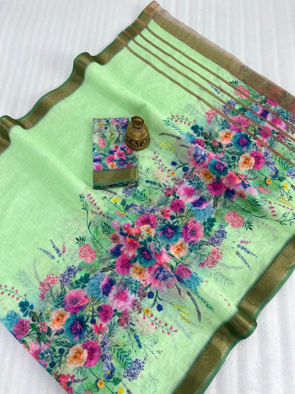 Linen Saree with Gold Jari Border & Digital Print | Elegant Daily & Festive Wear