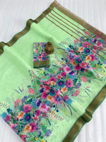 Linen Saree with Gold Jari Border & Digital Print | Elegant Daily & Festive Wear